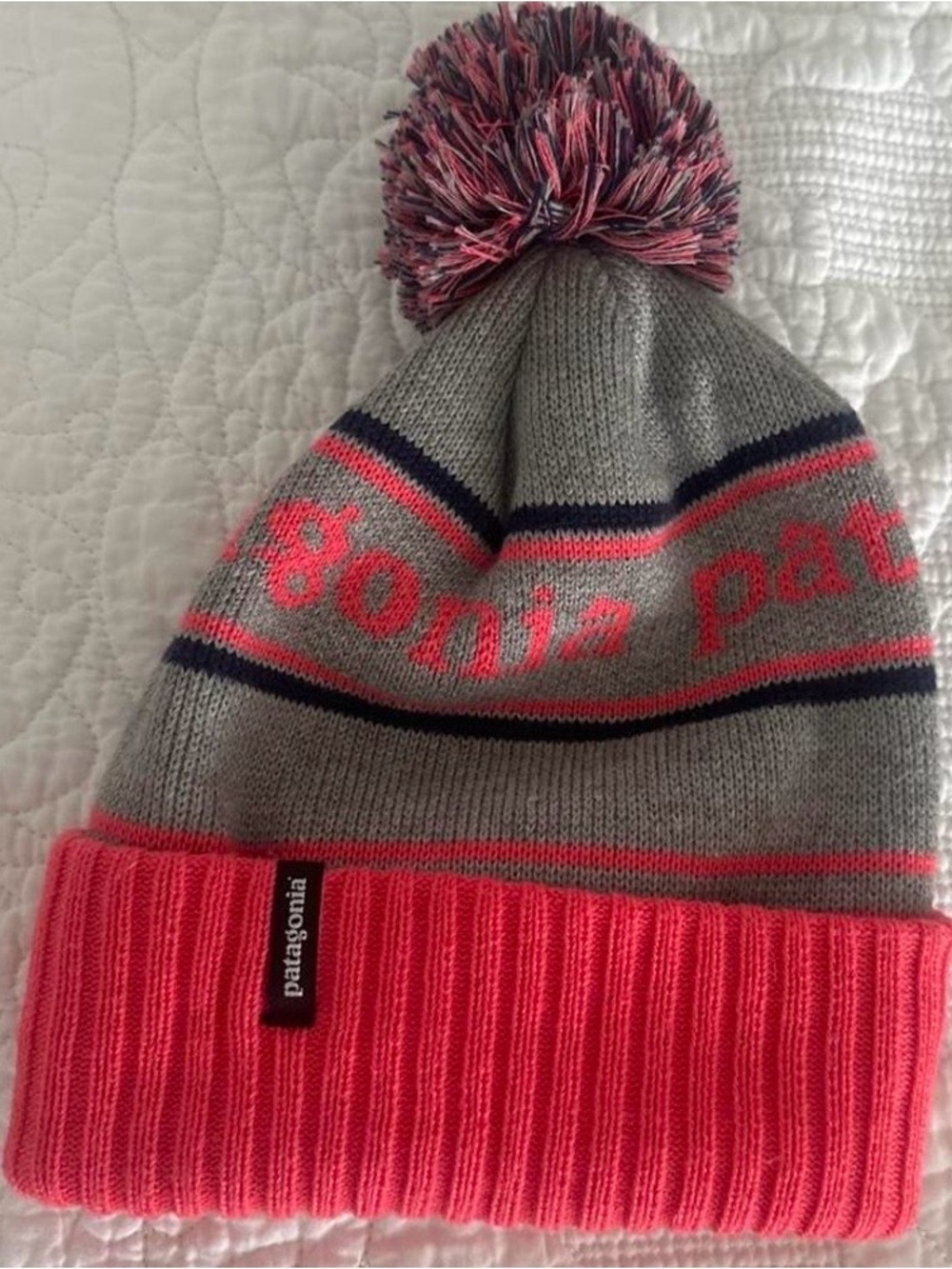 Patagonia Gray & Pink Pom-Top Knit Beanie